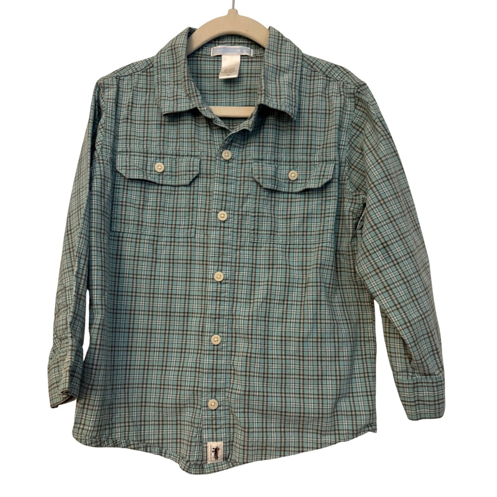 Janie and Jack Boys Teal Blue Plaid Button Down Shirt Long Sleeve 5T Cotton